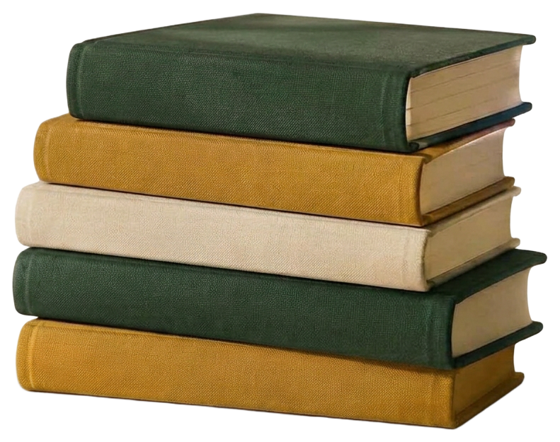 Stack of five green, ochre and cream cloth-bound books